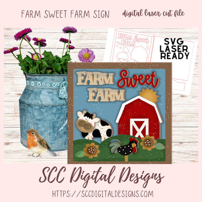 Farm Fresh Farm SVG, 3d Barn, Cow & Chicken Farmhouse Sign Decor, Designed for Glowforge & Laser Cutters, Digital Laser Cut File, Instant Download Woodworking Pattern