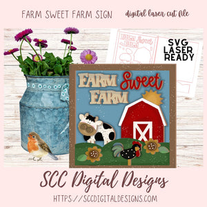 Farm Fresh Farm SVG, 3d Barn, Cow & Chicken Farmhouse Sign Decor, Designed for Glowforge & Laser Cutters, Digital Laser Cut File, Instant Download Woodworking Pattern