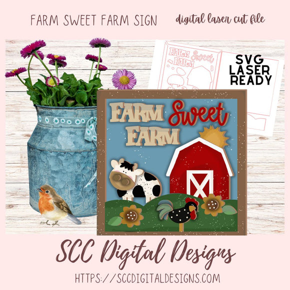 Farm Fresh Farm SVG, 3d Barn, Cow & Chicken Farmhouse Sign Decor, Designed for Glowforge & Laser Cutters, Digital Laser Cut File, Instant Download Woodworking Pattern