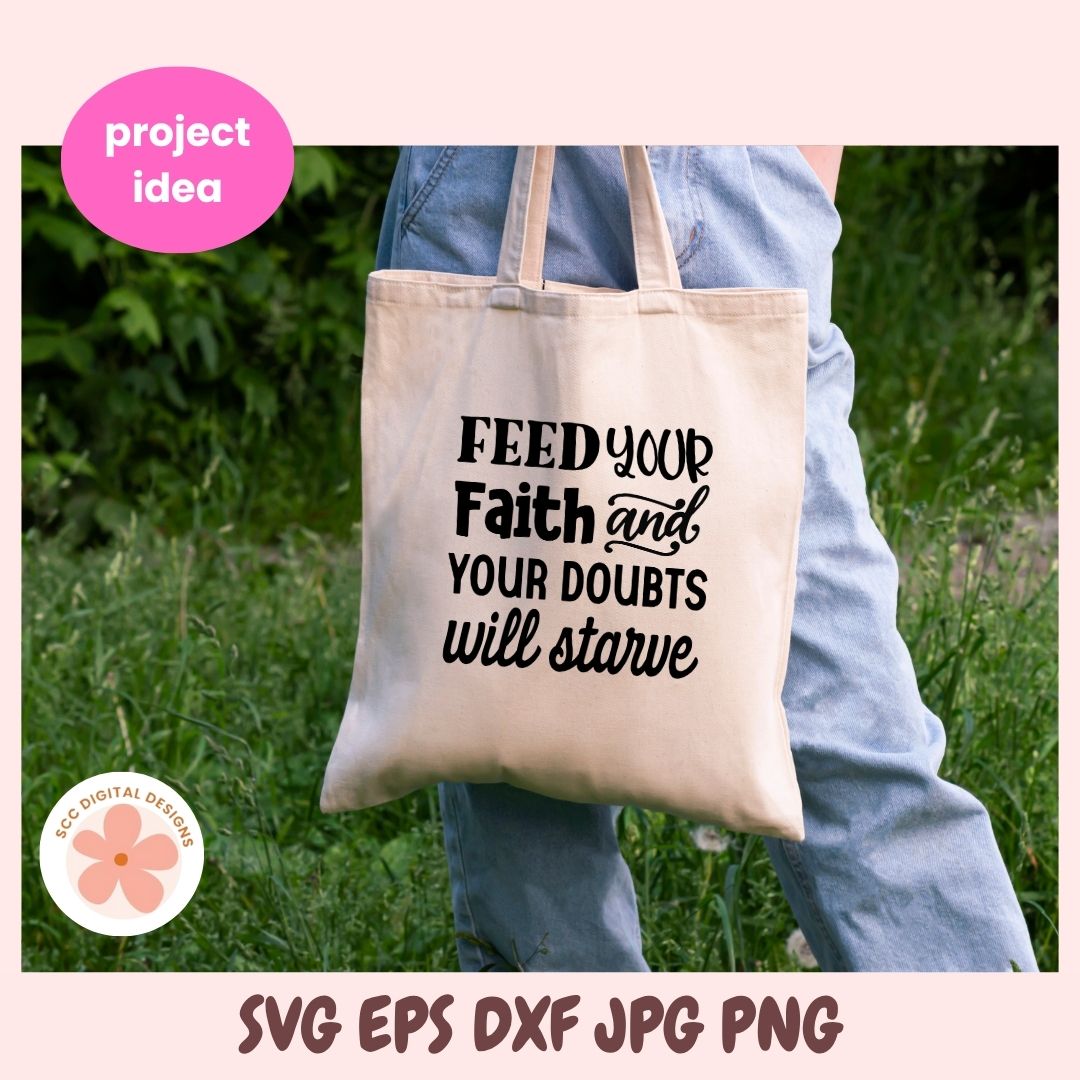 Tote bag with motivational quote held by a person outdoors, with digital design files displayed.