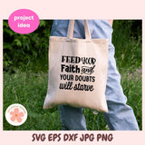 Tote bag with motivational quote held by a person outdoors, with digital design files displayed.