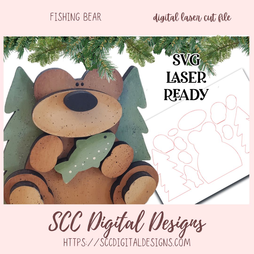 Fishing Bear SVG, 3D Bear & Fish Cabin Sign Decor, Designed for Glowforge & Laser Cutters, Digital Laser Cut File, Instant Dowload Woodworking Pattern