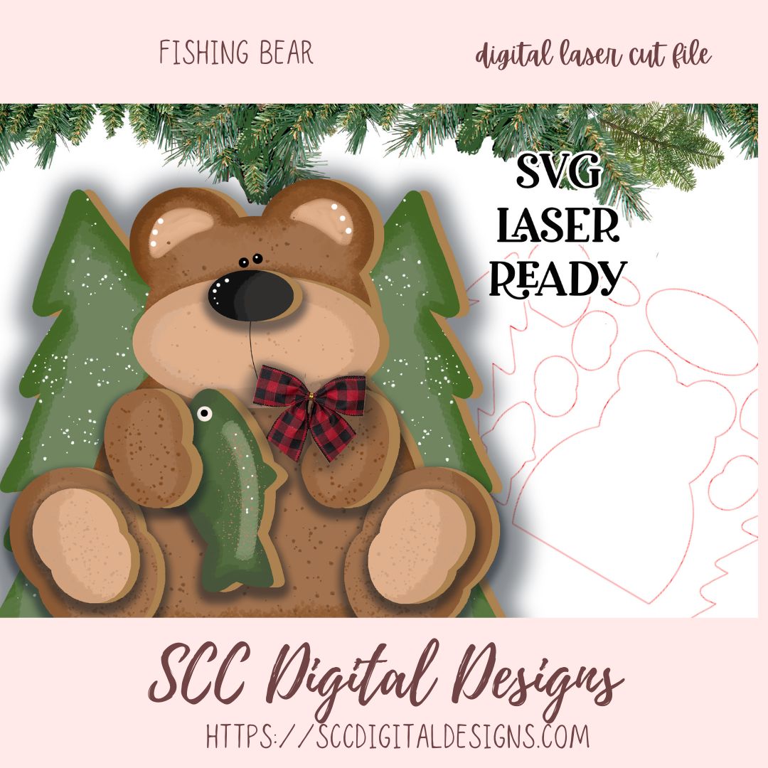 Fishing Bear SVG, 3D Bear & Fish Cabin Sign Decor, Designed for Glowforge & Laser Cutters, Digital Laser Cut File, Instant Dowload Woodworking Pattern