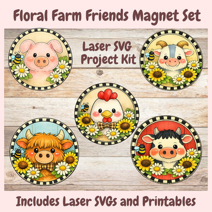 Floral Farm Friends Magnet Set with laser SVG project kit on a wooden background