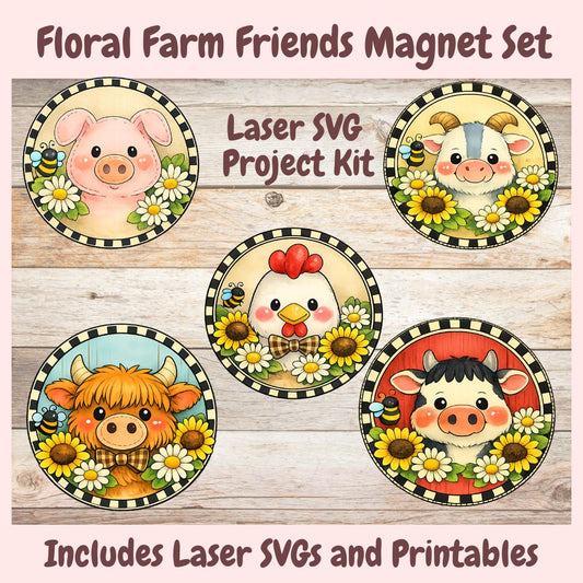 Floral Farm Friends Magnet Set with laser SVG project kit on a wooden background