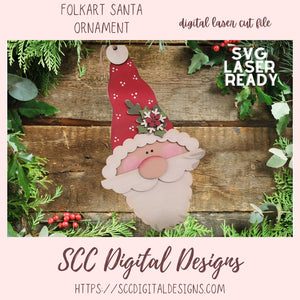 Folk Art Santa Face Ornament SVG, 3D Santa with Hat and Holly & Berries Design for Glowforge & Laser Cutters, Instant Download Commercial Use SVG Laser Ready