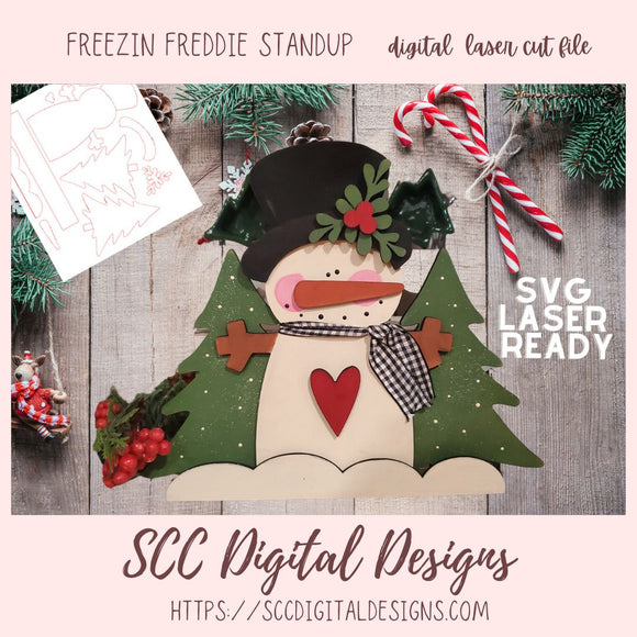 Freezin Freddie Snowman Standup SVG Digital Laser Design, 3D Snowman with Black Top Hat  & Trees Shelf Sitter Digital Design for Laser Cutting Machines, Instant Download Commercial Use Woodworking Pattern