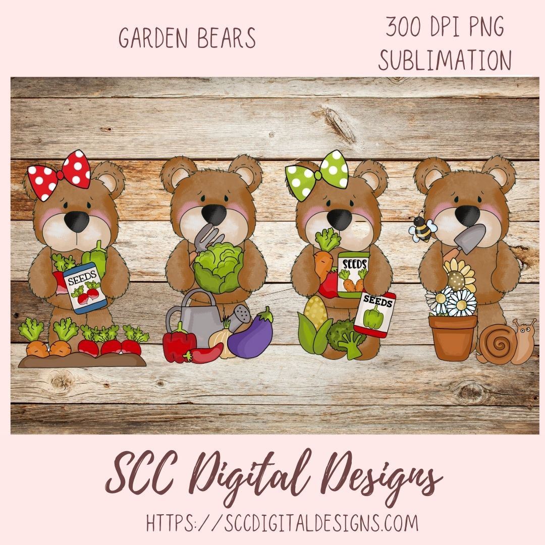 Whimsical Bears PNG for Stickers for Kids, Garden Fresh Veggies & Garden Tools Clipart for Digital Scrapbooking, Clip Art for Paper Crafting