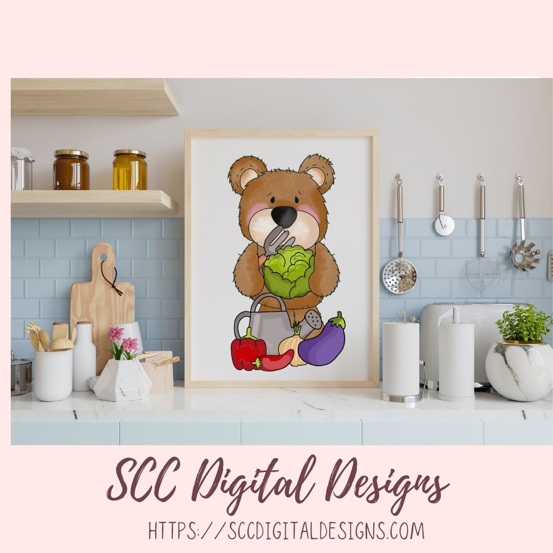 Whimsical Bears PNG for Stickers for Kids, Garden Fresh Veggies & Garden Tools Clipart for Digital Scrapbooking, Clip Art for Paper Crafting