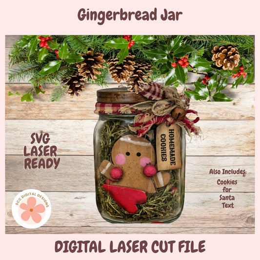 Digital product listing graphic for a gingerbread jar laser cut file. The central image shows a decorated glass jar with a gingerbread cookie figure, red heart, pinecones, greenery, and a rustic ribbon.