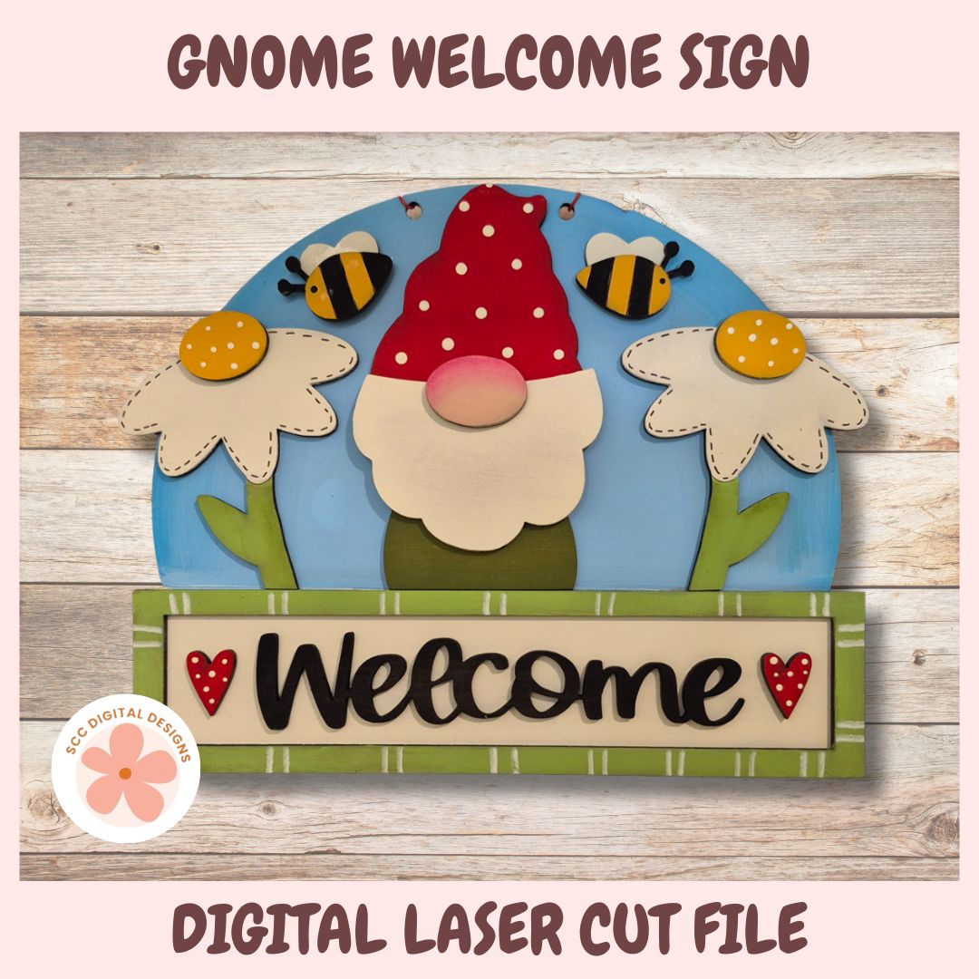 Gnome Welcome Sign Laser SVG, Gnome, Layered Bumble Bees & Daisy Digital Laser Cut File for Glowforge, Whimsical Front Door Welcome Sign