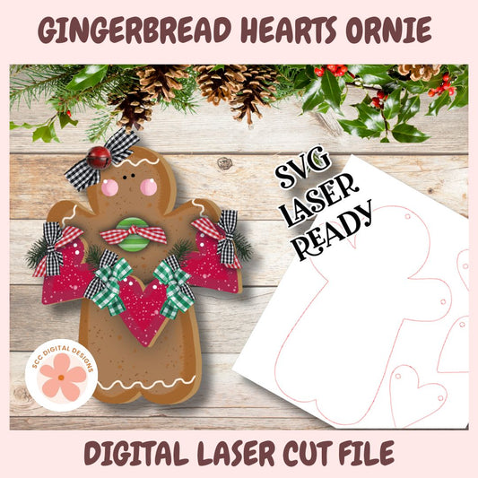 Digital product listing graphic for a gingerbread heart ornament design, showing a decorated gingerbread heart on a wood background, a white template sheet with cutout outline, pinecones and greenery at the top, and text reading 'GINGERBREAD HEARTS ORNIE', 'SVG LASER READY', and 'DIGITAL LASER CUT FILE'.