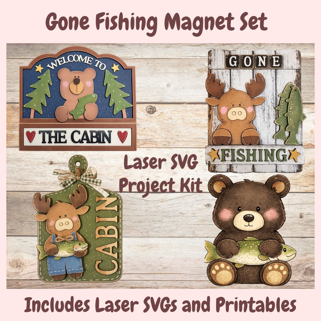 Gone Fishing Magnet Set with laser SVG project kit on a wooden background
