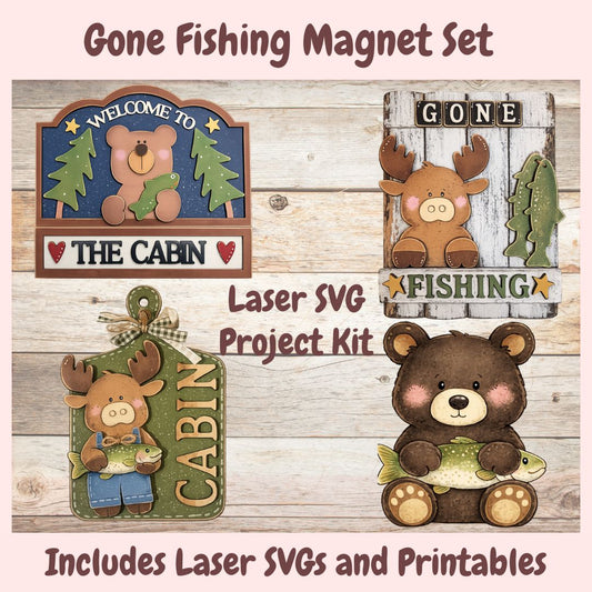 Gone Fishing Magnet Set with laser SVG project kit on a wooden background