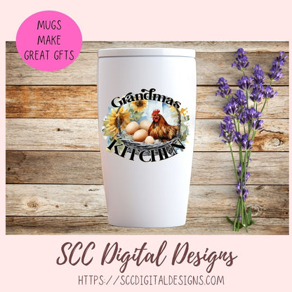 Grandma's Kitchen PNG, Sublimation Chicken with Eggs & Sunflowers Clip Art for Home Decor, Clipart for Mugs for Women, DIY Wall Art for Mom