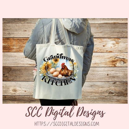Grandma's Kitchen PNG, Sublimation Chicken with Eggs & Sunflowers Clip Art for Home Decor, Clipart for Mugs for Women, DIY Wall Art for Mom