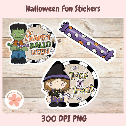 Halloween-themed sticker designs shown on a light wood background with pink border text reading 'Halloween Fun Stickers' and '300 DPI PNG.' The stickers include a Frankenstein sticker, a candy stick, and a witch 'Trick or Treat' sticker.