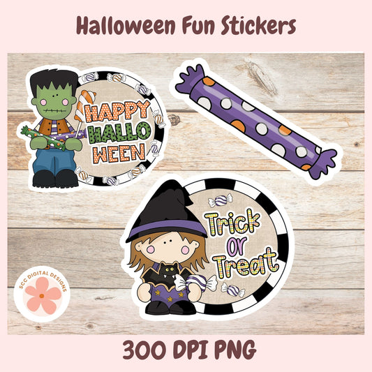 Halloween-themed sticker designs shown on a light wood background with pink border text reading 'Halloween Fun Stickers' and '300 DPI PNG.' The stickers include a Frankenstein sticker, a candy stick, and a witch 'Trick or Treat' sticker.