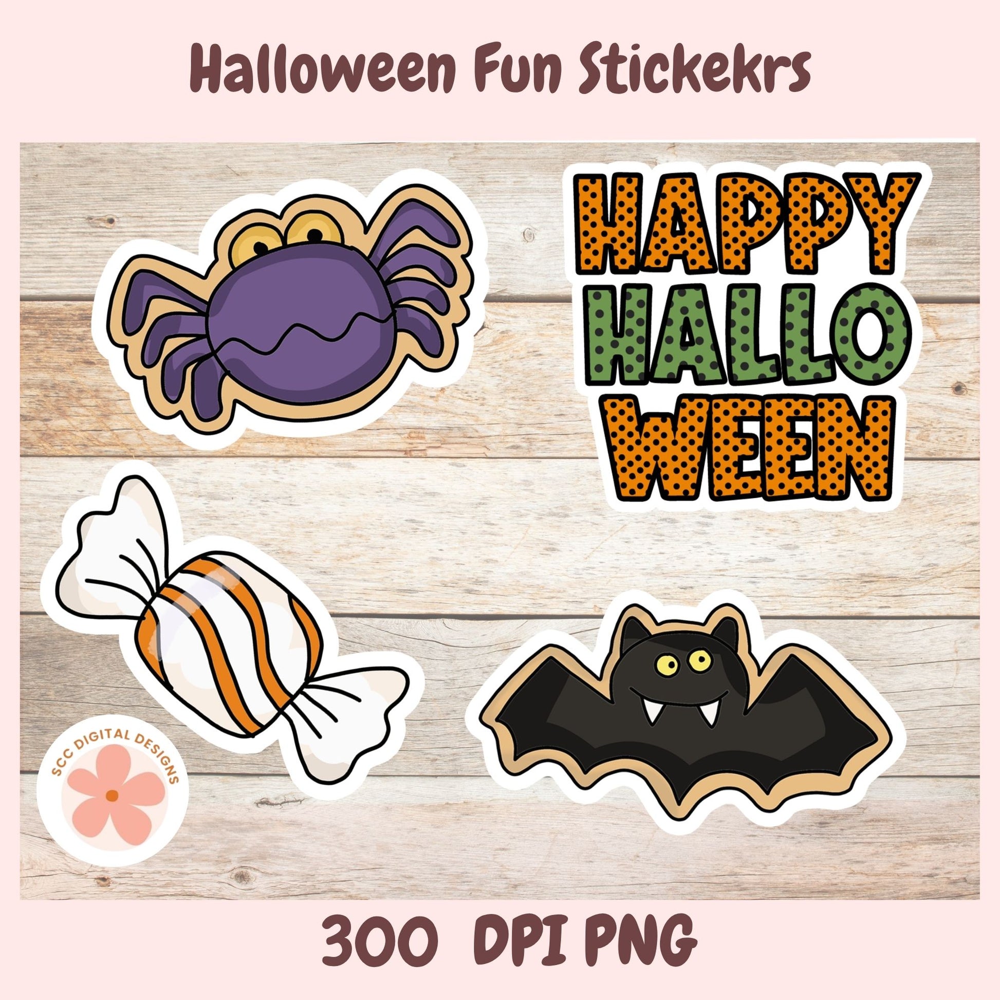 Halloween-themed digital sticker design set on a light wood background, featuring a purple spider, orange-and-white striped candy, a black bat, and 'HAPPY HALLOWEEN' text. The image includes the text 'Halloween Fun Stickekrs' at the top and '300 DPI PNG' at the bottom, with a circular 'SEO Digital Designs' logo in the lower left.