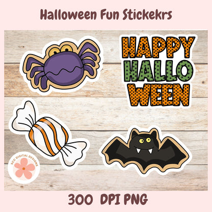 Halloween-themed digital sticker design set on a light wood background, featuring a purple spider, orange-and-white striped candy, a black bat, and 'HAPPY HALLOWEEN' text. The image includes the text 'Halloween Fun Stickekrs' at the top and '300 DPI PNG' at the bottom, with a circular 'SEO Digital Designs' logo in the lower left.