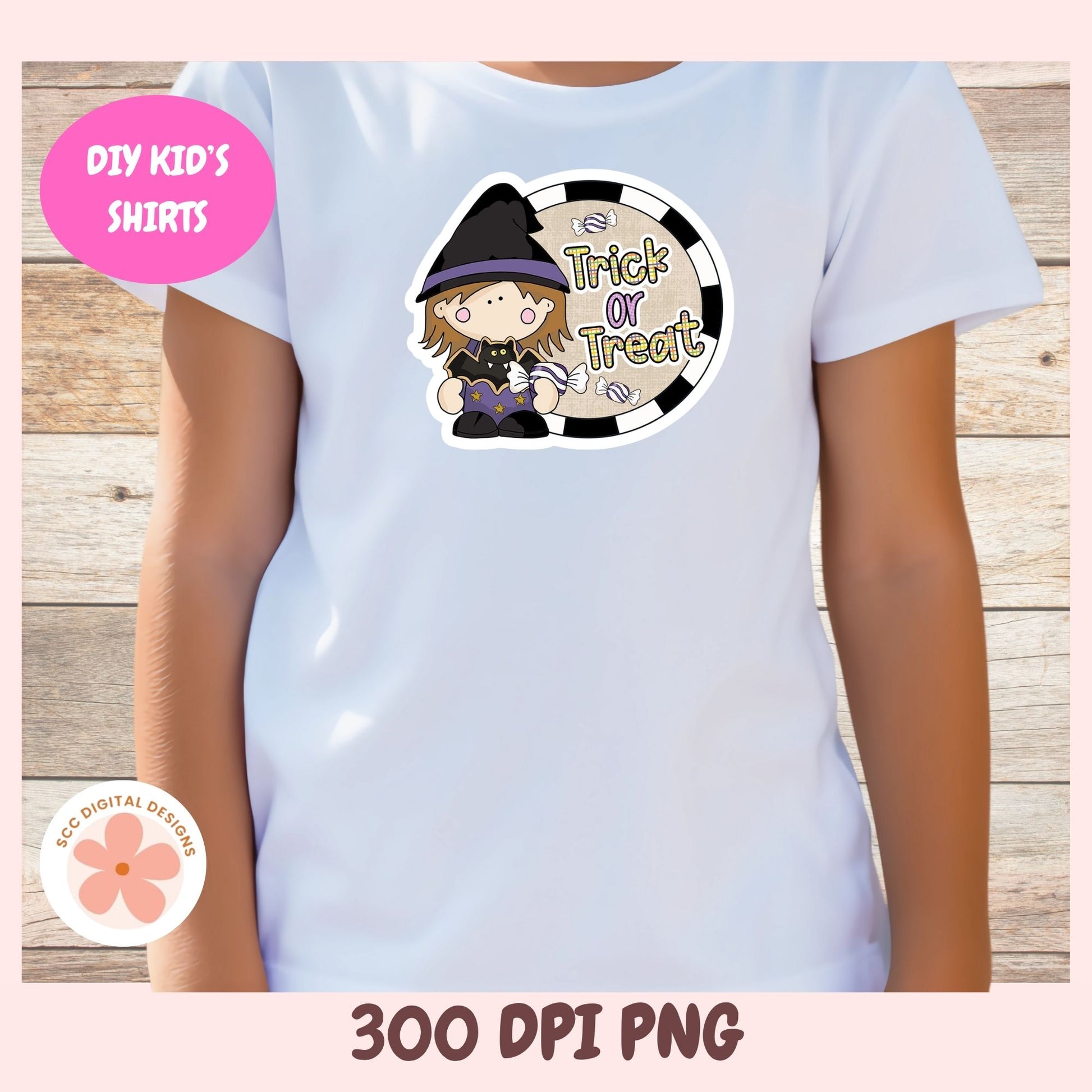 A child wearing a white T-shirt with a cartoon witch graphic that reads 'Trick or Treat' inside a black-and-white circular frame. The photo is cropped from the chest down, with a pink border and text overlays reading 'DIY KID'S SHIRTS' and '300 DPI PNG'.