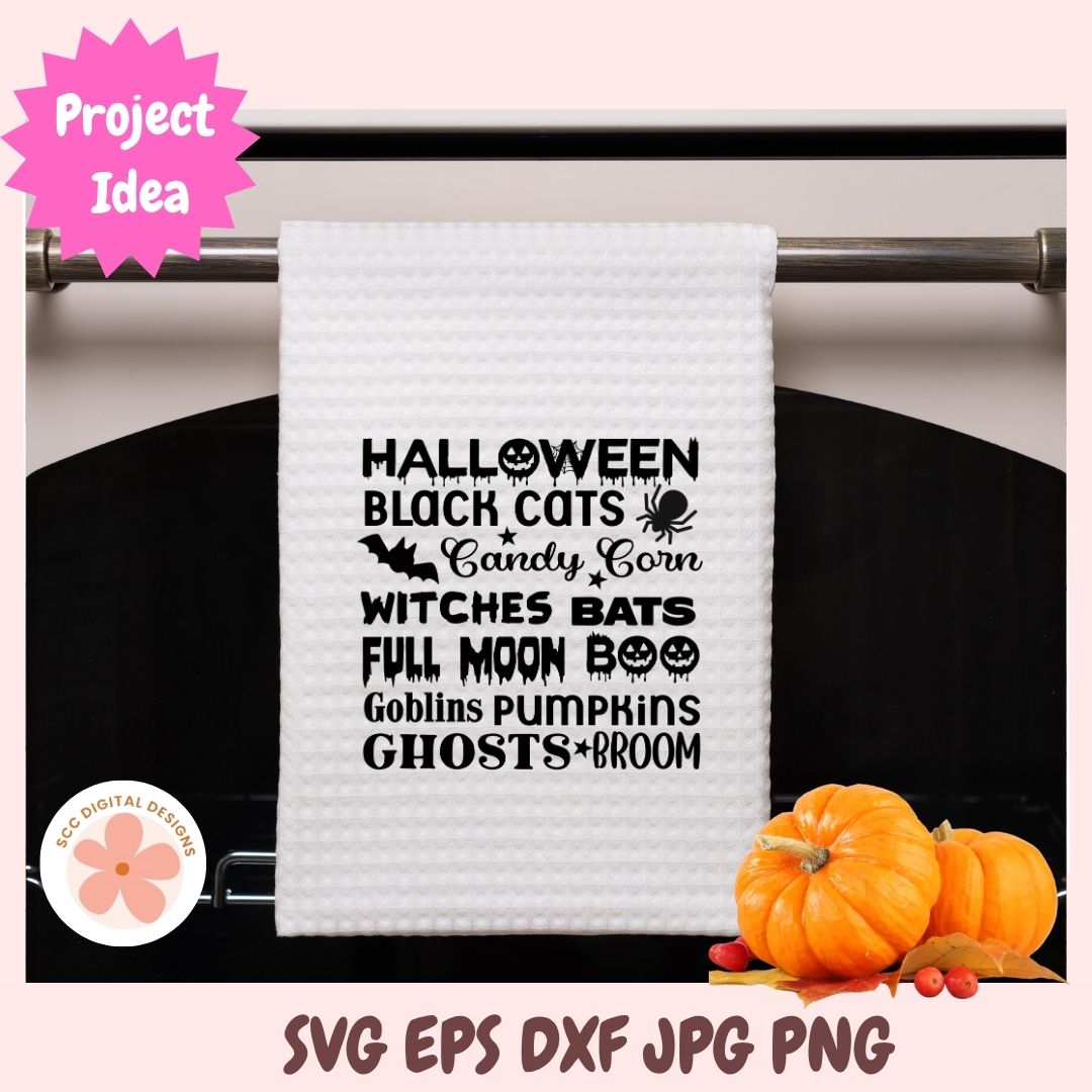 A white waffle-knit kitchen towel hanging on a dark oven door, printed with black Halloween-themed text reading 'HALLOWEEN BLACK CATS Candy Corn WITCHES BATS FULL MOON BOO Goblins Pumpkins GHOSTS+BROOM.' A pink starburst says 'Project Idea,' and orange pumpkins appear at the bottom right.