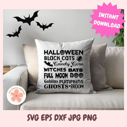 A decorative throw pillow shown on a sofa in a styled room setting, with black Halloween-themed text printed on the front. The pillow reads: 'HALLOWEEN BLACK CATS Candy Corn WITCHES BATS FULL MOON BOO Goblins Pumpkins GHOSTS * BROOM'.
