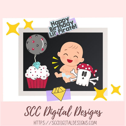 Kid's Birthday PNG, Pirate Clipart for Sublimation for Party Invites, Cupcakes, Skull & Crossbones, Balloons and Wordart for Scrapbooking