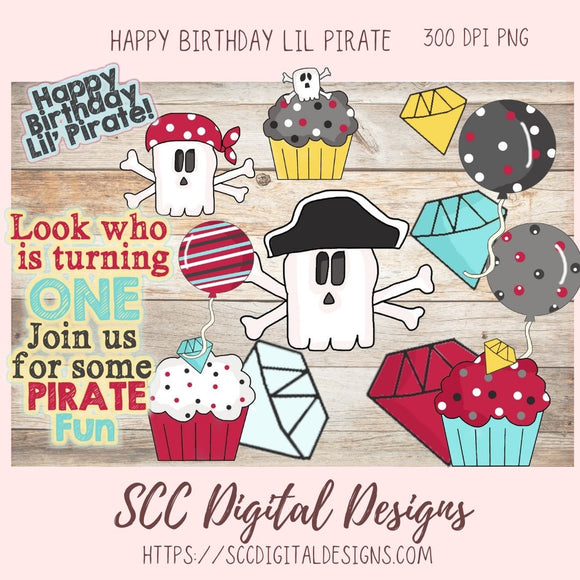 Kid's Birthday PNG, Pirate Clipart for Sublimation for Party Invites, Cupcakes, Skull & Crossbones, Balloons and Wordart for Scrapbooking