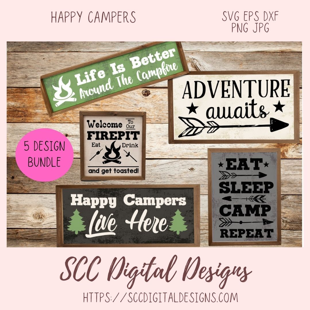 Happy Campers SVG Bundle, Adventure Awaits Glamper Wall Art for Mom, Welcome to our Firepit Glamping Flag for Girlfriend, Camping Quotes PNG