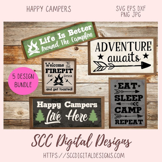 Happy Campers SVG Bundle, Adventure Awaits Glamper Wall Art for Mom, Welcome to our Firepit Glamping Flag for Girlfriend, Camping Quotes PNG