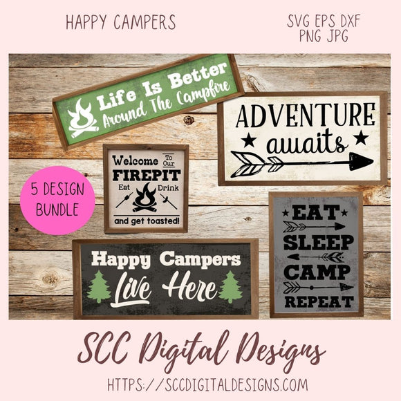 Happy Campers SVG Bundle, Adventure Awaits Glamper Wall Art for Mom, Welcome to our Firepit Glamping Flag for Girlfriend, Camping Quotes PNG