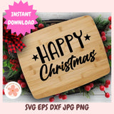 Wooden cutting board with 'Happy Christmas' text, surrounded by Christmas decorations.