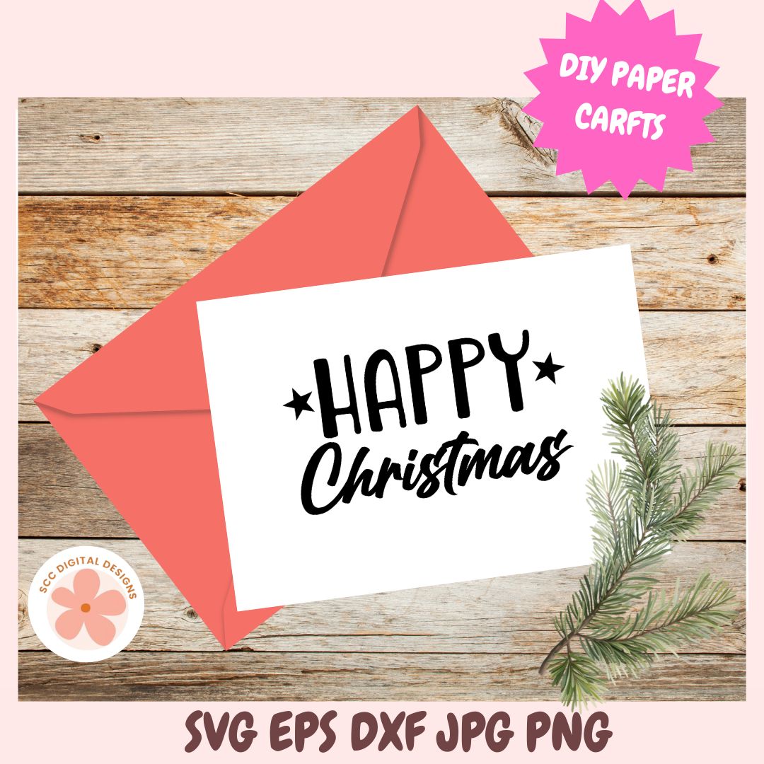 White card with 'Happy Christmas' text, red envelope, and pine branch on wooden surface with 'DIY Paper Crafts' label.