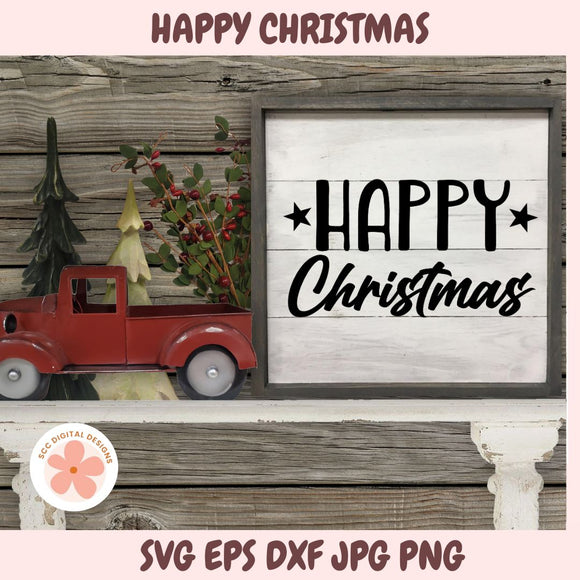 Decorative Christmas scene with a red truck and 'Happy Christmas' sign on a wooden background.