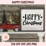 Decorative Christmas scene with a red truck and 'Happy Christmas' sign on a wooden background.