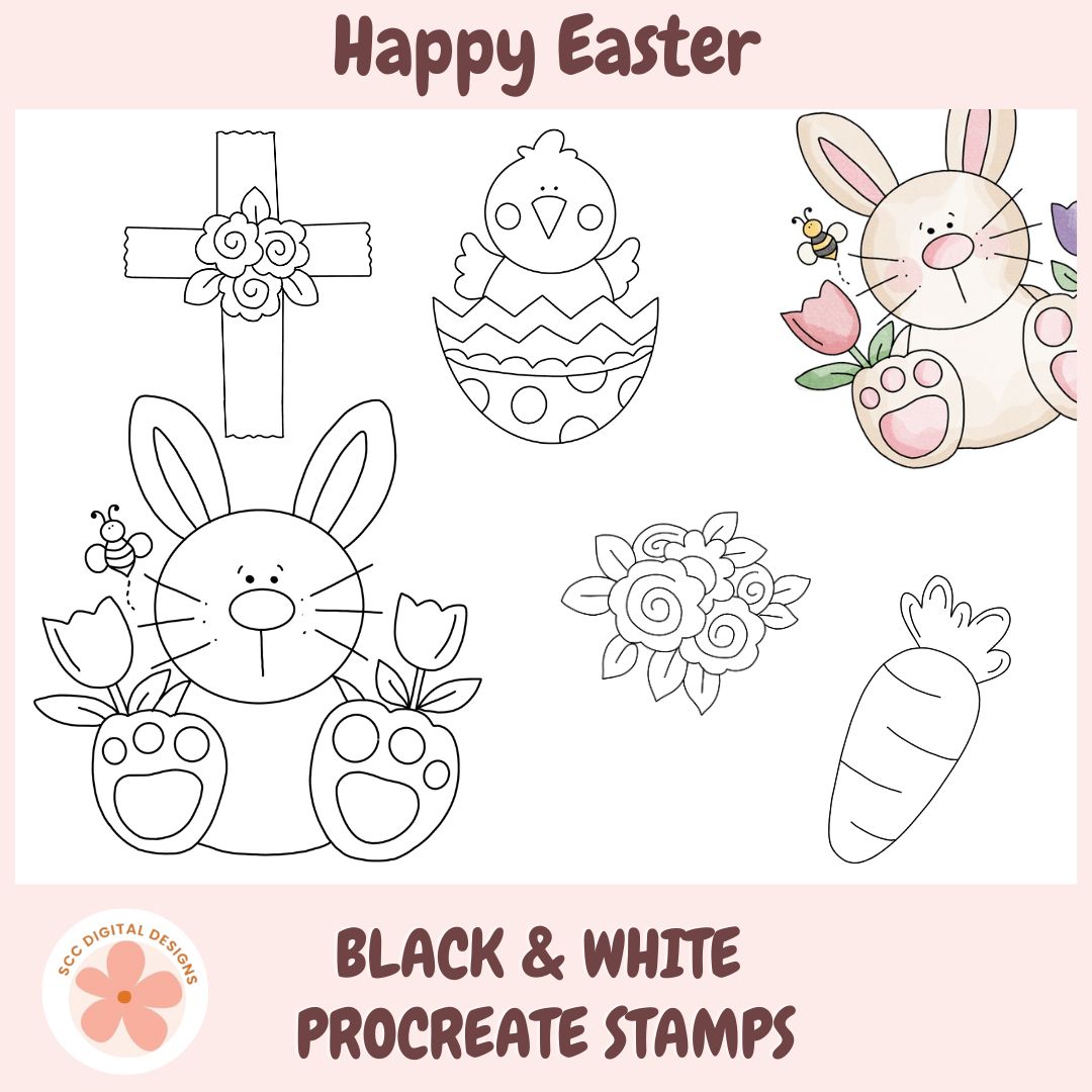Set of black and white Easter-themed Procreate stamps on a pink background with 'Happy Easter' text.