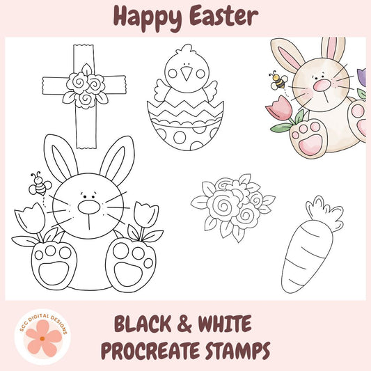 Set of black and white Easter-themed Procreate stamps on a pink background with 'Happy Easter' text.