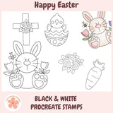 Set of black and white Easter-themed Procreate stamps on a pink background with 'Happy Easter' text.