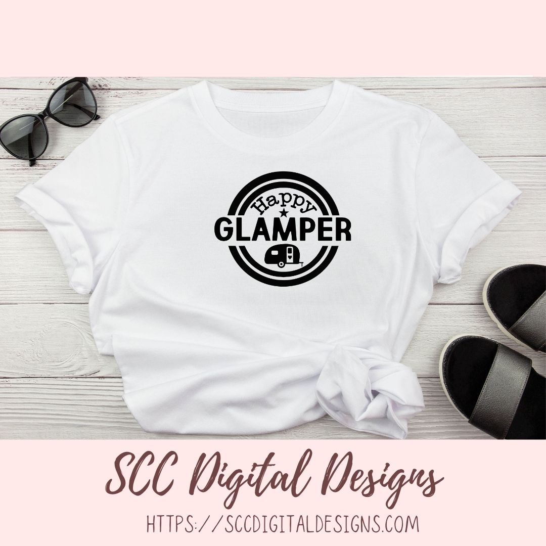 Glamping SVG, DIY Happy Glamper Hoodie for Women, Camping Shirt for Mom, Camper Trailer Decal, Coffee Mug for Outdoor Lover  RV Life