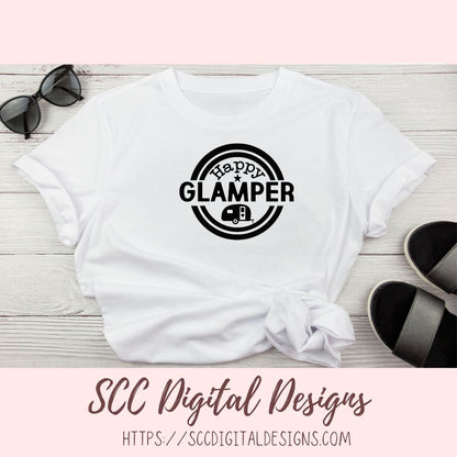 Glamping SVG, DIY Happy Glamper Hoodie for Women, Camping Shirt for Mom, Camper Trailer Decal, Coffee Mug for Outdoor Lover  RV Life