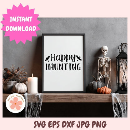 Framed 'Happy Haunting' sign on a Halloween-themed shelf with pumpkins and a skeleton.