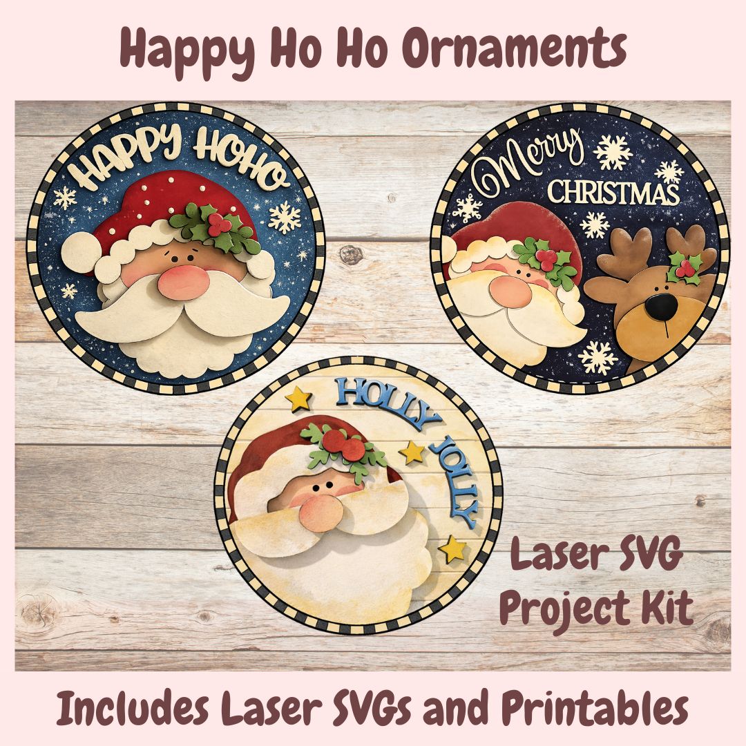 Three round Christmas ornament designs with Santa and reindeer illustrations on a wood plank background, with text reading 'Happy Ho Ho Ornaments,' 'Laser SVG Project Kit,' and 'Includes Laser SVGs and Printables.'.