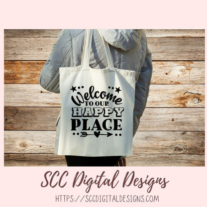 Happy Place SVG, Welcome to Our Farmhouse Sign DIY House Warming Gift for Couple Front Door Mat for Mom Instant Download Designs for Cricut