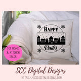 Happy Winter SVG, Snowflakes & Skyscraper Landscape, Farmhouse Holiday Decor for Mom, Holiday Door Sign for Girlfriend, DIY Paper Crafting