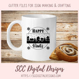 Happy Winter SVG, Snowflakes & Skyscraper Landscape, Farmhouse Holiday Decor for Mom, Holiday Door Sign for Girlfriend, DIY Paper Crafting