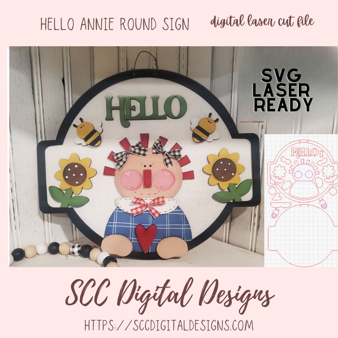Hello Annie SVG Digital Laser Cut Design, 3D Round Front Door Welcome Sign, Farmhouse Kitchen Wall Art, SVG Laser Ready Design, DIY Prim Home Decor