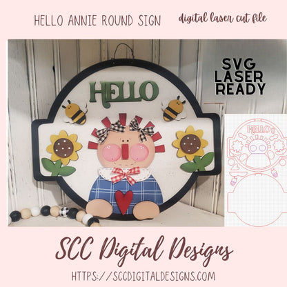 Hello Annie SVG Digital Laser Cut Design, 3D Round Front Door Welcome Sign, Farmhouse Kitchen Wall Art, SVG Laser Ready Design, DIY Prim Home Decor