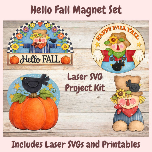Set of fall-themed magnets with scarecrow, pumpkin, and crow design on a wooden background.
