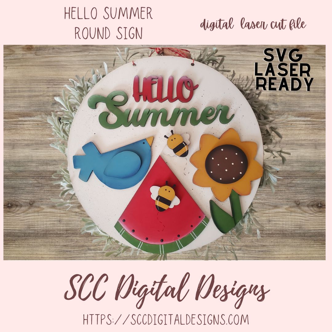 Hello Summer 3D SVG – Laser Cut Sign with Bird, Watermelon & Sunflower, DIY Prim Home Decor